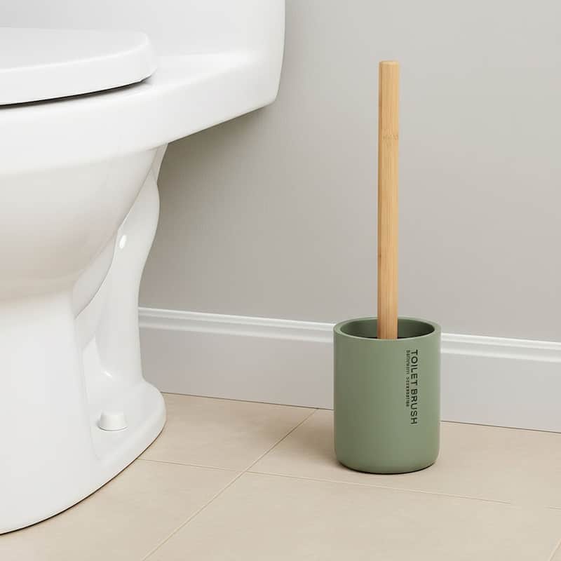 Chic Matte Toilet Brush Holder Set with Natural Bamboo Handle - 4 L x 4 W x 14.8 H