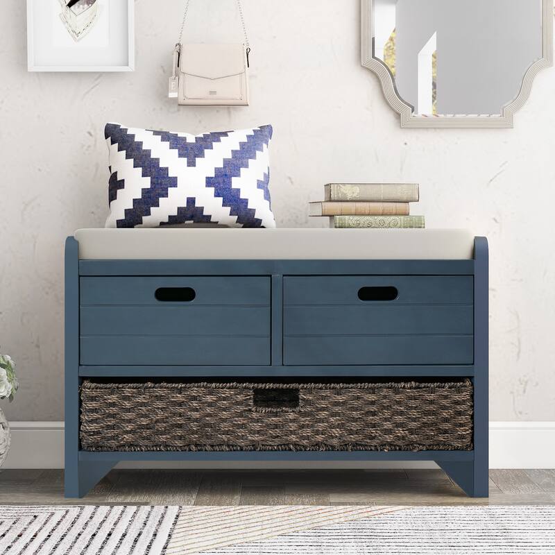 Rustic Storage Bench with Removable Cushion, Basket & Drawers - Ideal for Farmhouse Decor