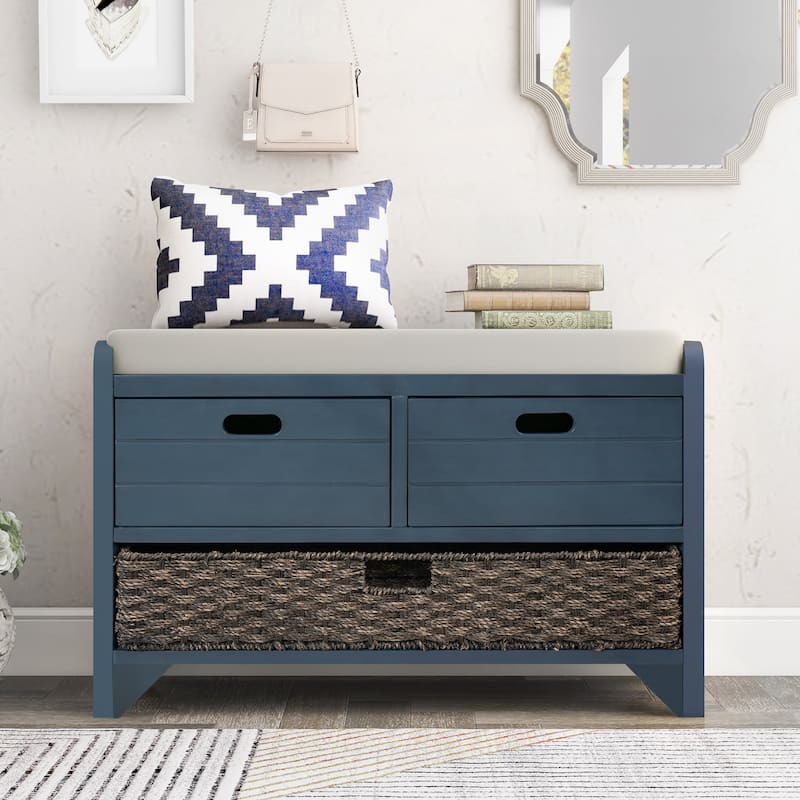 Storage Bench with Removable Basket and 2 Drawers, Fully Assembled Shoe Bench with Removable Cushion - Navy Blue