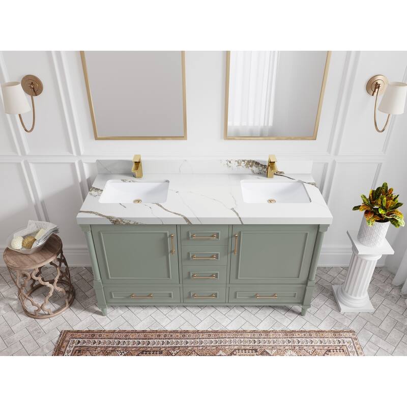 Willow Collections 60 in. W x 22 in. D Aberdeen Double Sink Bathroom Vanity with Countertop - 2" Calacatta Gold - Evergreen