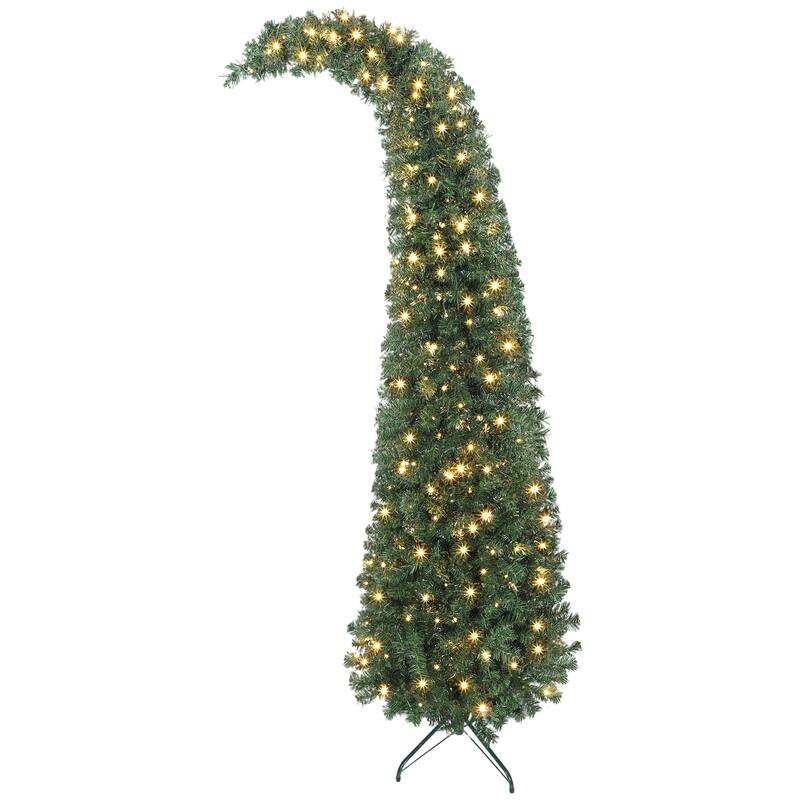 7 ft Prelit Bent Top Christmas Tree, Whimsical Xmas Tree Slim High Mountain Fir with 300 LEDs and Metal Stand