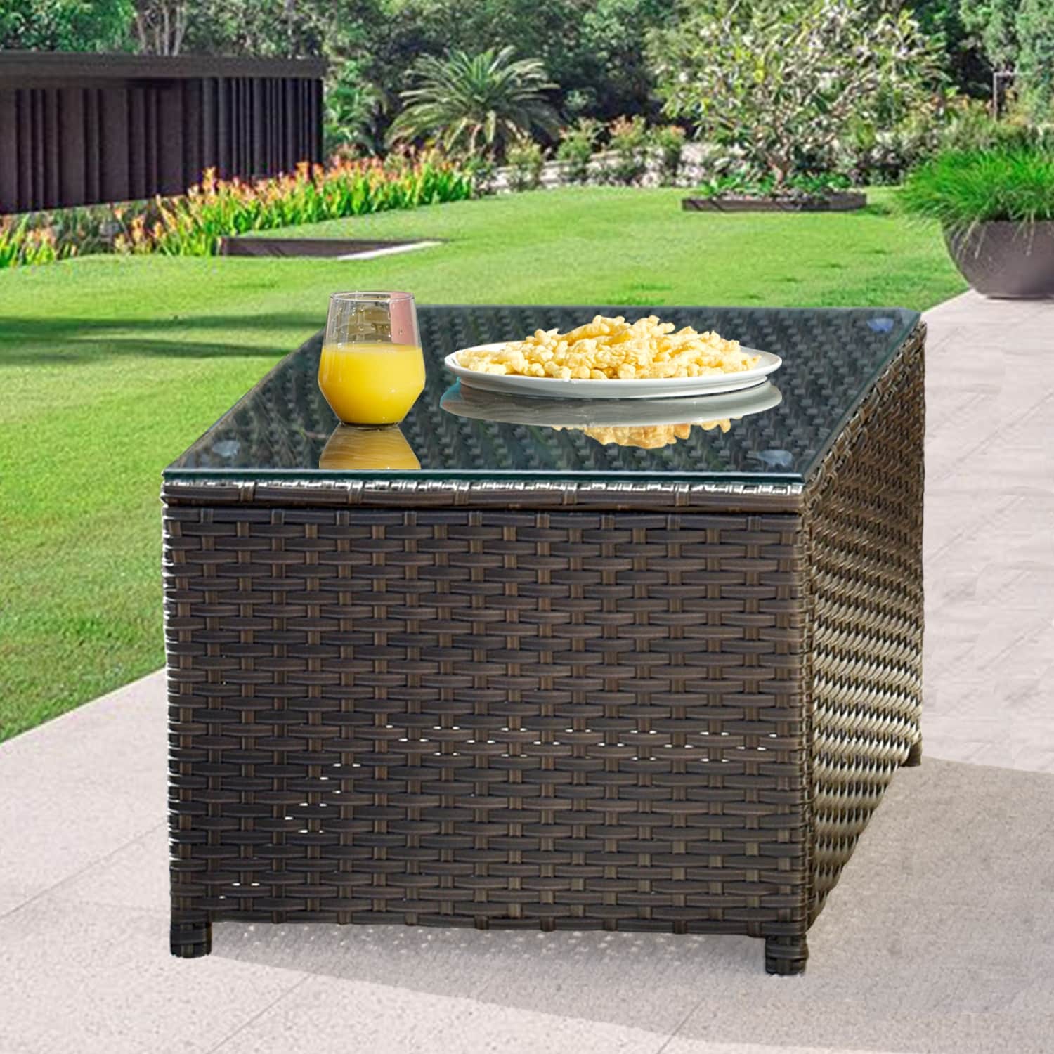 OVIOS Patio Outdoor Wicker Coffee Table with Glass Top
