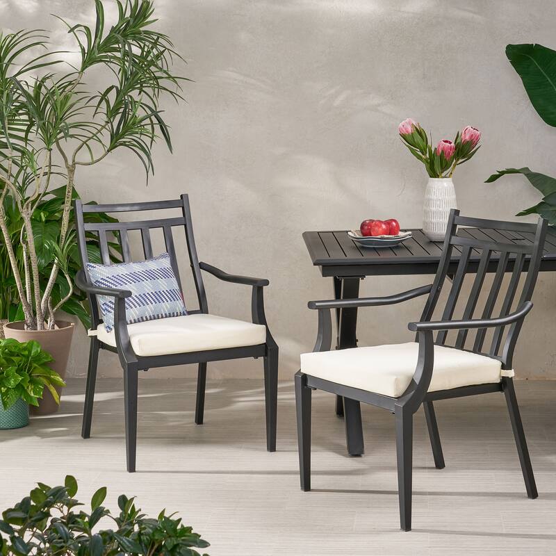 Outdoor 2 Piece Wooden Open Slat Dining Chairs with Cushions and Curved Backrest for Dining Room Kitchen Bedroom Living Room - Black