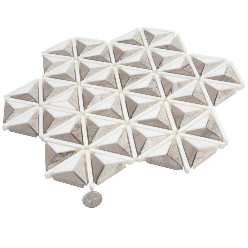 Mirage 12x12 Warm Beige White Marble Mosaic 3D Pyramid Wall and Floor Tile (4.92 sq ft/case) - 5 Pack