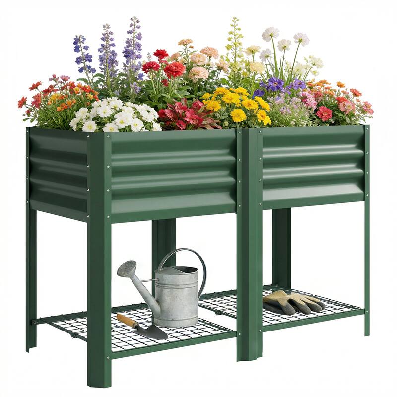 Outsunny Galvanized Steel Raised Garden Bed with Storage Shelf and Bed Liner, Elevated Planter Box with Legs