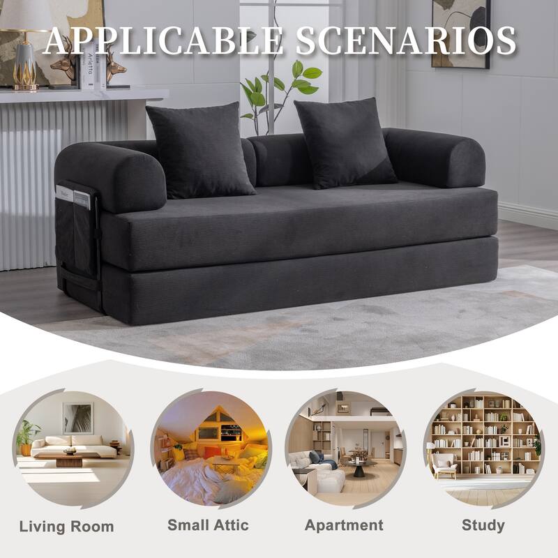 Foldable Modular Couch Sleeper Loveseat Sofa Bed with Storage Side Pocket, Detachable Metal Frame and Corduroy Fabric Cover
