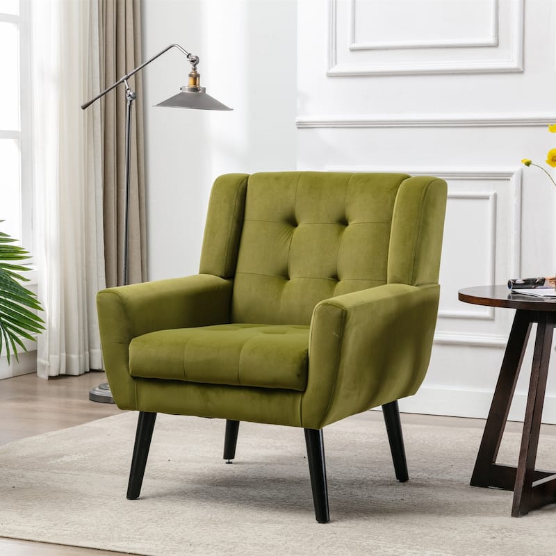 Green Velvet 29.53" Buttons Tufted Accent Chair with Black Legs