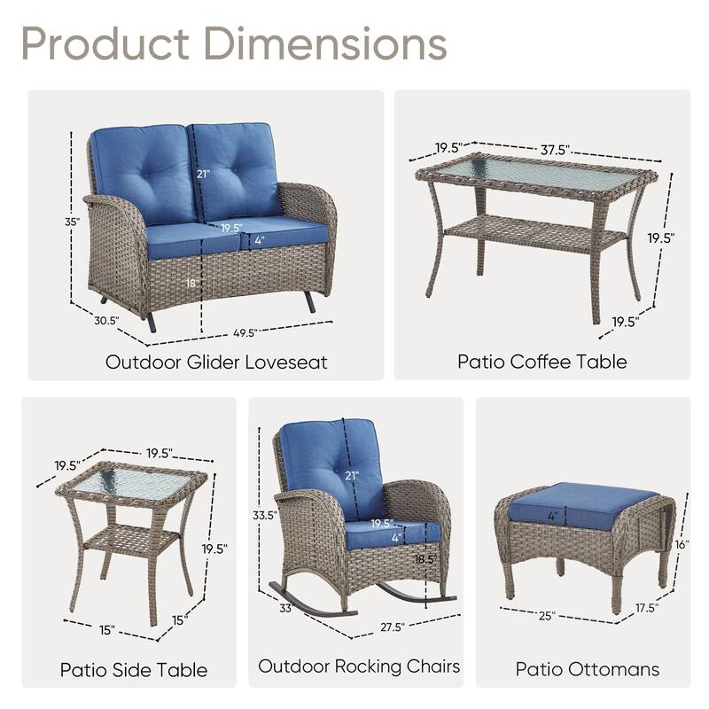 Pocassy 7 Pieces Glider Sofa with Rocker Chairs Ottomans Table