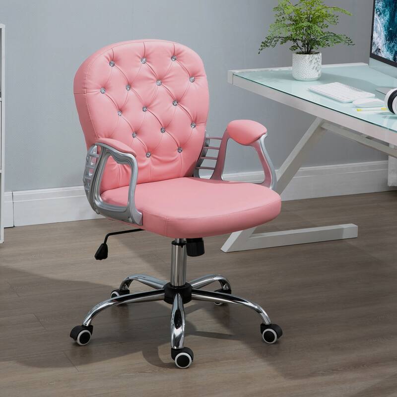 PU Leather Home Office Chair, Tufted Desk Chair with Padded Armrests, Swivel Vanity Chair with Adjustable Height