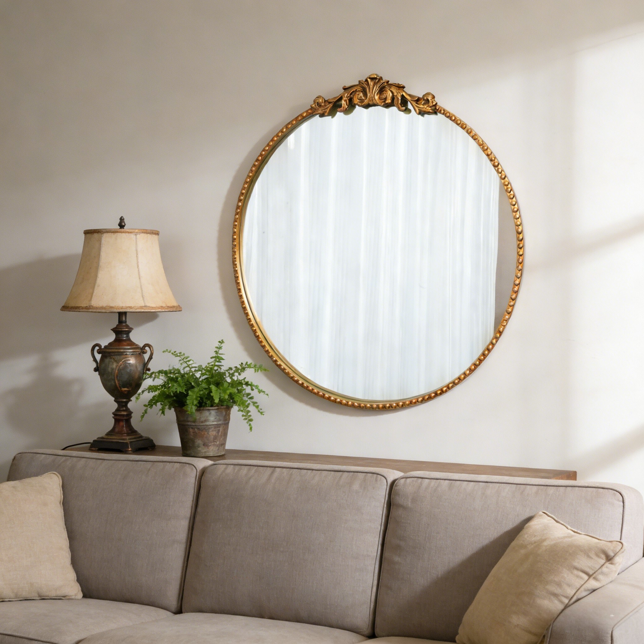 24-inch round metal carved wall mirror, gold or black vintage