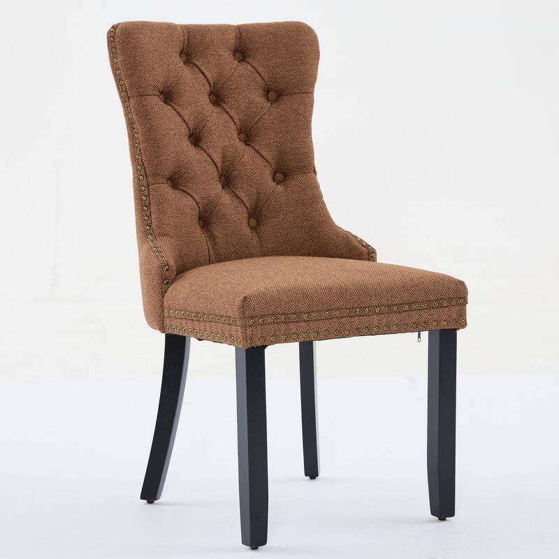 Upholstered Linen Dining Chair with Wood Legs Nailhead Trim 2-Pcs Set