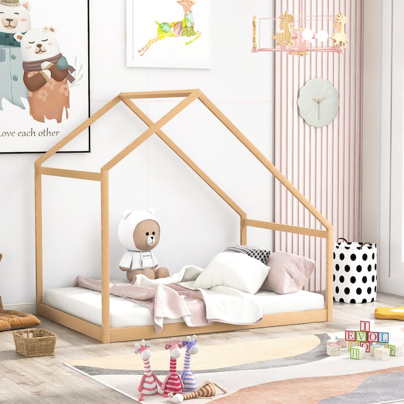 Solid Wood House Bed with Roof
