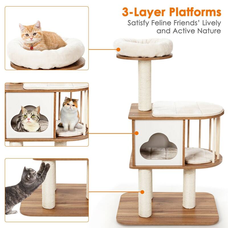 Wooden Cat Activity Tree with Platform and Cushions-Brown