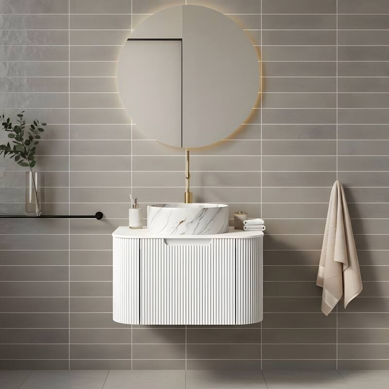 Floating Bathroom with Round Ceramic Basin and Storage Drawer