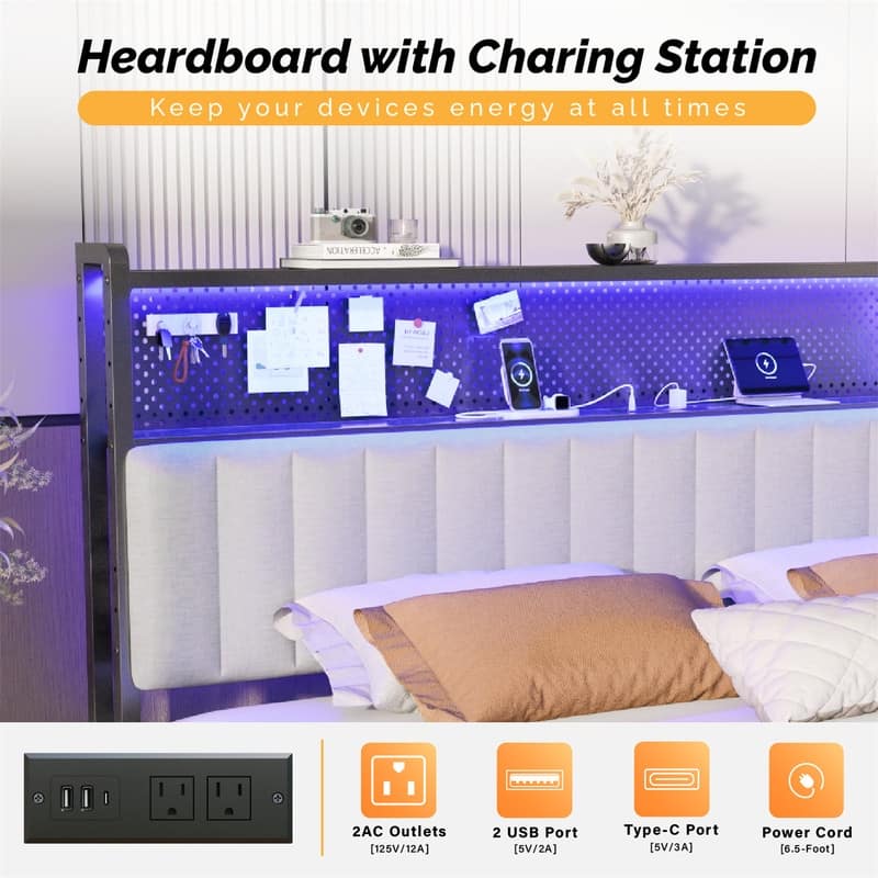 Adjustable Upholstered Headboard with 2 Tier Shelves with Charging Stations and LED Lights, Modern Bed Headboard with Storage