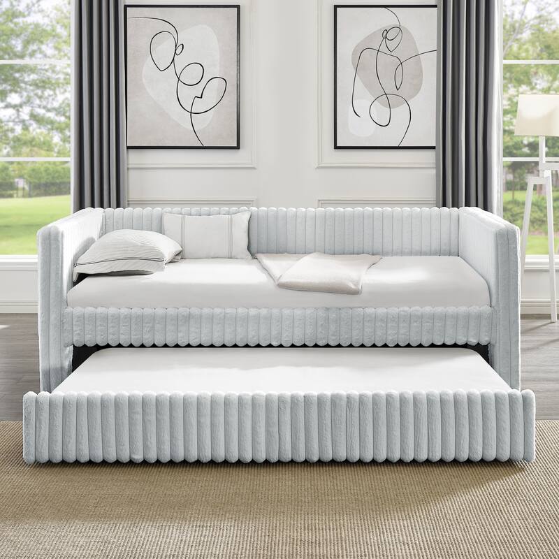 Twin Upholstered Daybed with Pull-Out Trundle, Modern Striped Corduroy Fabric Sofa Bed with Armrests, Space-Saving Sleeper