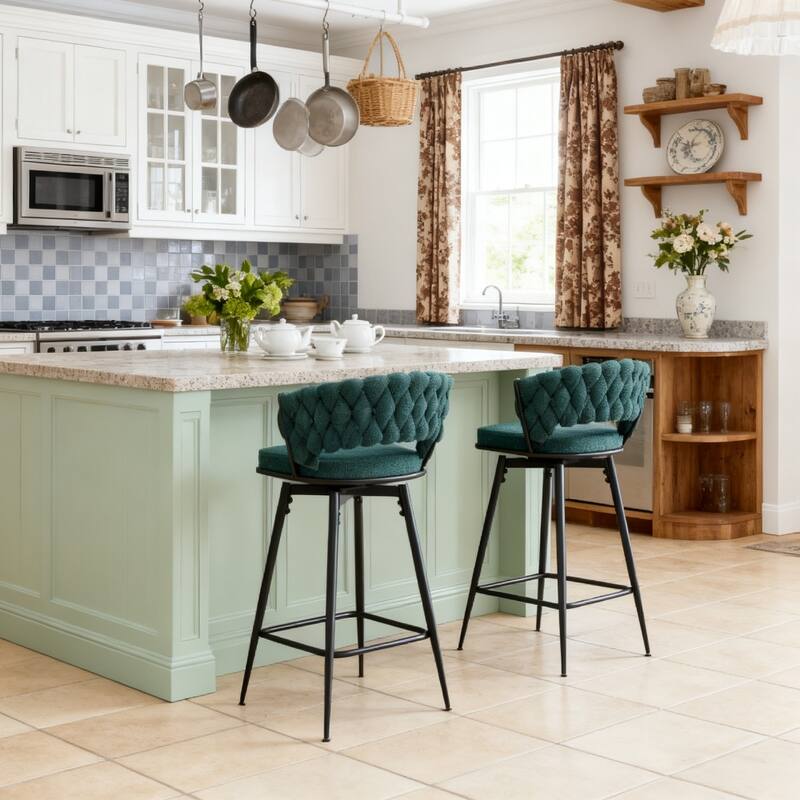 Swivel Bar Stools Set of 2, Modern Barstools with Backs, Upholstered Cotton Linen High Chairs for Island Kitchen