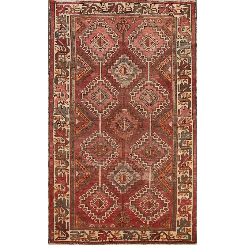 Red & Pink Geometric Bakhtiari Persian Rug Hand-Knotted Wool Carpet - 4'5" x 7'4"