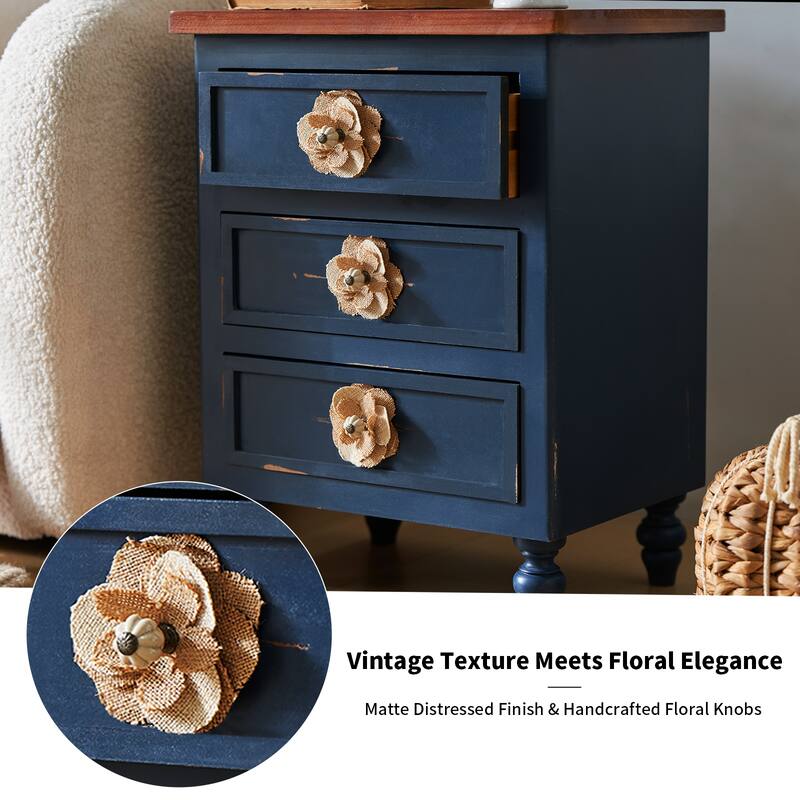 Vintage Farmhouse End Table with Floral Knobs -19"Rustic Nightstand with 3 Drawers Gourd Legs,Bedside or Sofa Accent Table