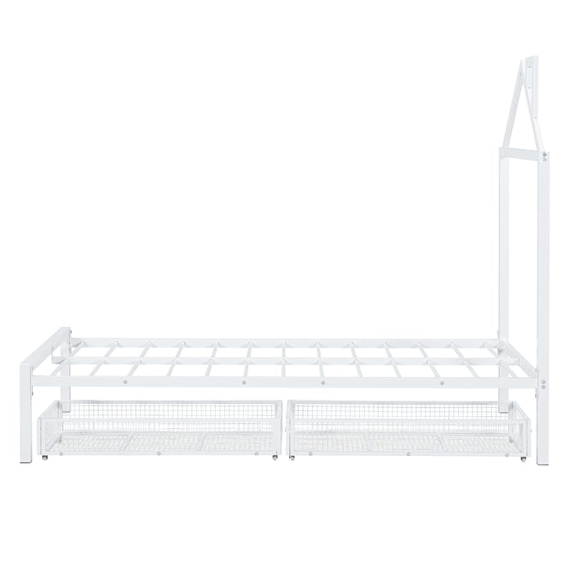 Metal House Platform Bed for Kids with Drawers, Twin Size