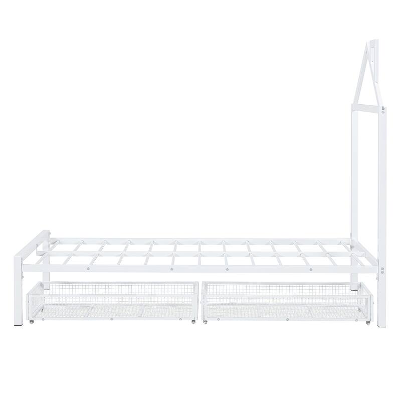 Twin Size Metal Platform Bed with Two Drawers & House Headboard