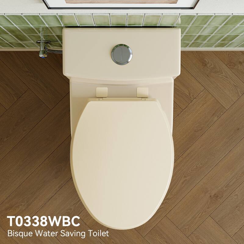 HOROW 1 Piece High Efficiency Dual Flush Elongated Toilet Biscuit 0.8 1.28 GPF Seat Included