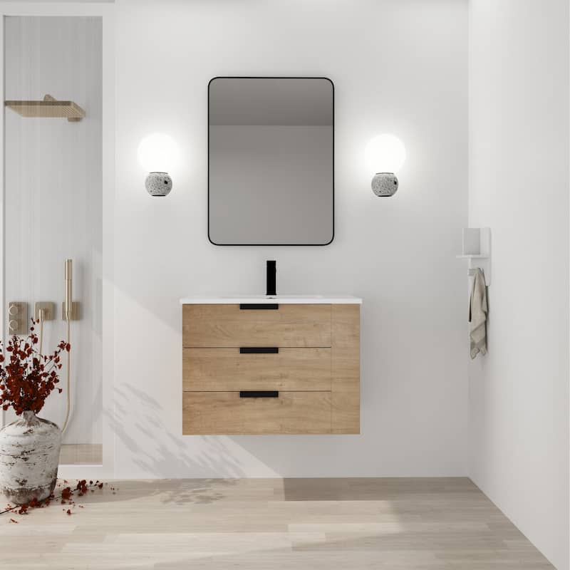 30 Inch Wall Mounting Bathroomg Vanity With Sink, Soft Close Drawer and Side Shelf - Imitative Oak
