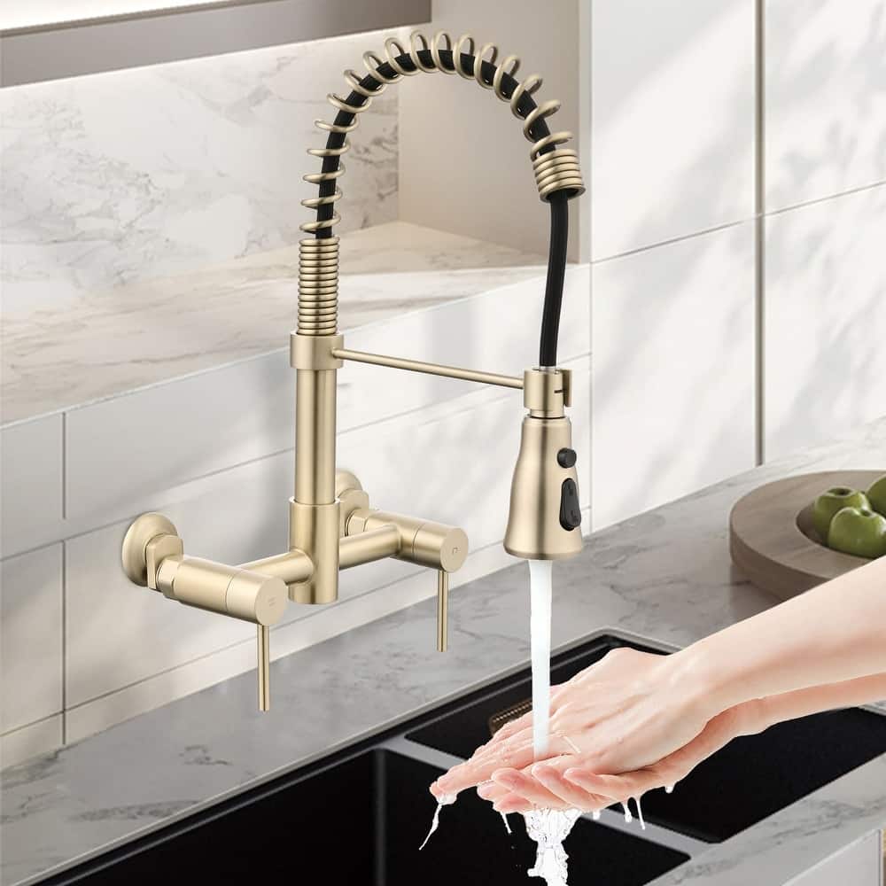 Wall Mounted Kitchen Sink Faucet with Pull Down Sprayer Kitchen Faucet Stainless Steel Basin Taps with 3 Functions Sprayer
