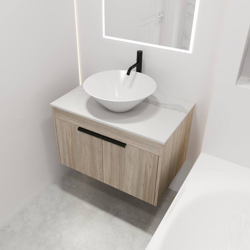 30''Modern Design Float Bathroom Vanity With Ceramic Basin Set,Wall Mounted White Oak Vanity With Soft Close Door