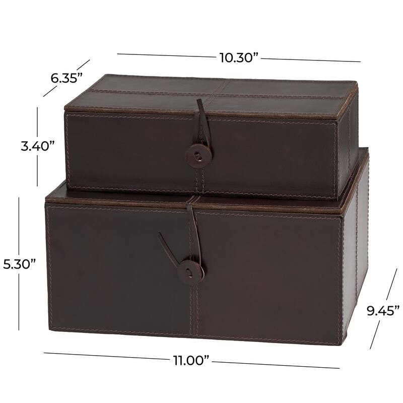 Dark Brown Leather Storage Box with Snap Front Closure and Detailed Stitching (Set of 2)