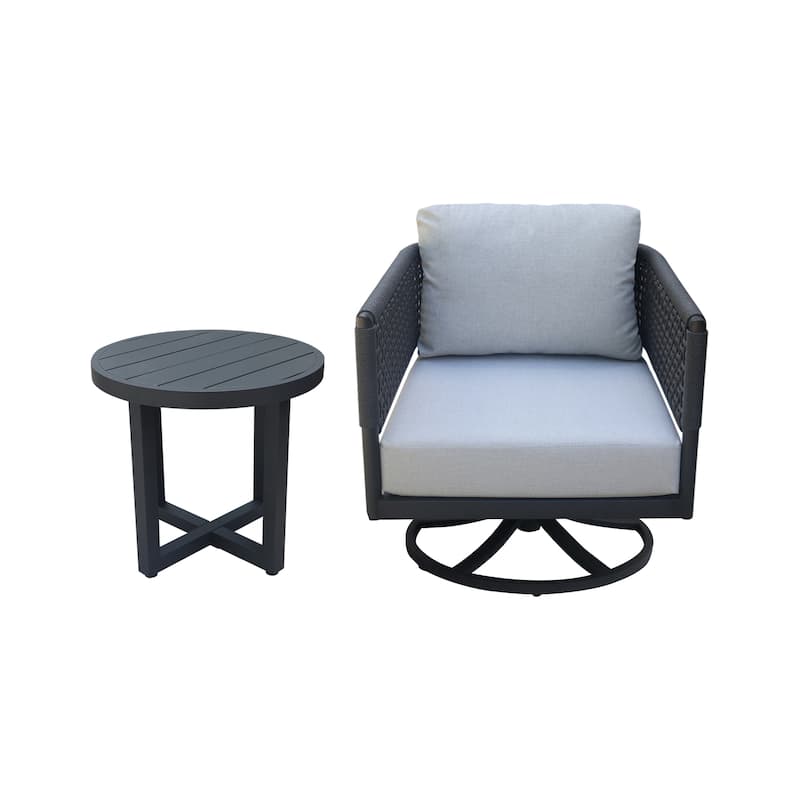 Outdoor 2 Piece Woven Abaca Rope Patio Furniture Set with an End Table and Swivel Rocking Chair