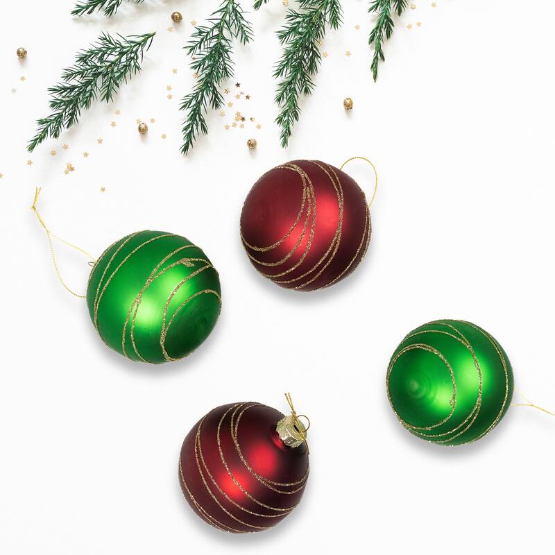 4ct Glass RedGreen Matte Christmas Ball Ornaments 3.25-Inch (80mm)