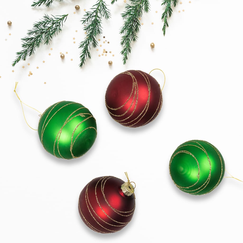 4ct Glass RedGreen Matte Christmas Ball Ornaments 3.25-Inch (80mm)