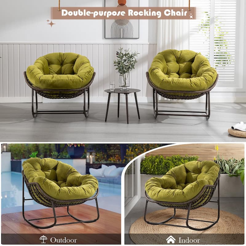 Outdoor Padded Cushion Rocking Chair, Patio Oversized Rattan Egg Chair