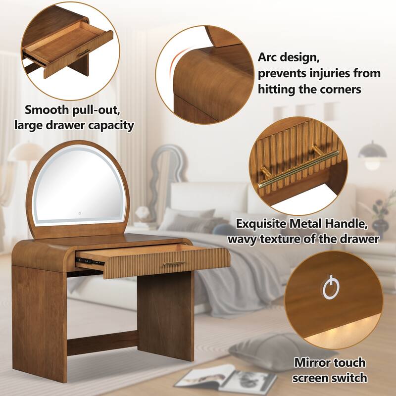 39" Makeup Vanity Desk Bedroom Dressing Table with Curved Touch LED Light Makeup Mirror