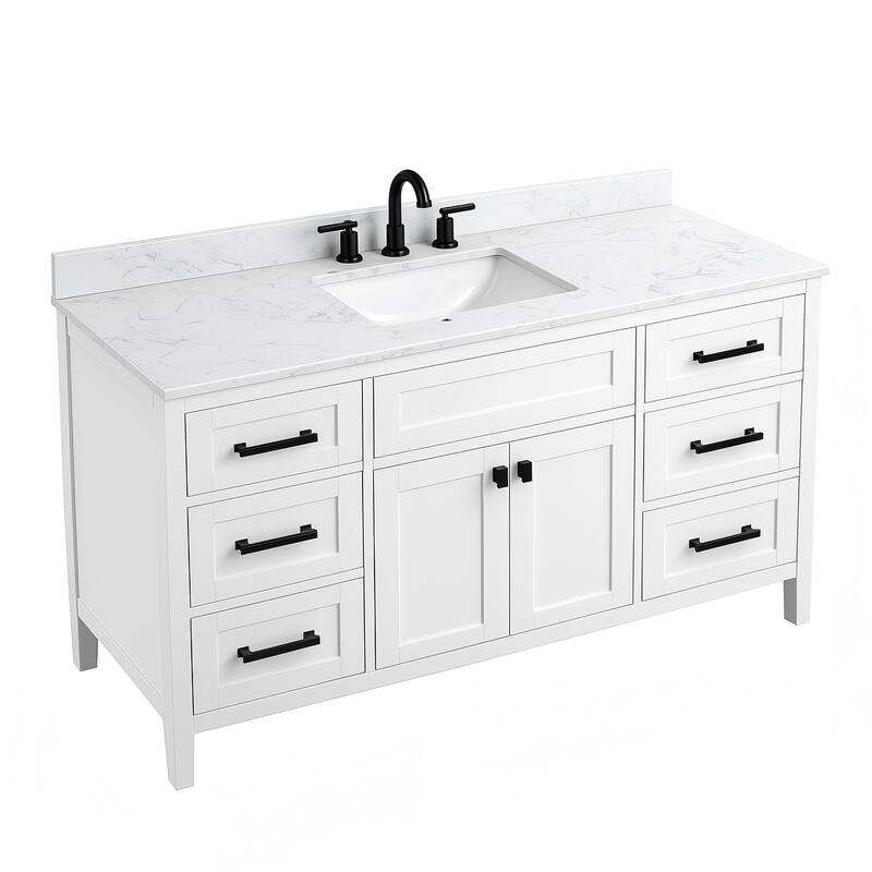 60" inch Freestanding Bathroom Vanity with Classical White Quartz Counter Top Ceramic Rectangular Sink - Classical White - Single Sink