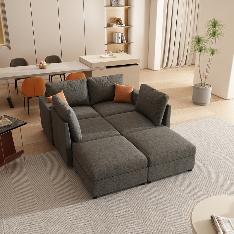 Modern U-Shape 6-Seater Sectional Sofa Bed with Storage Ottomans, Chenille Fabric