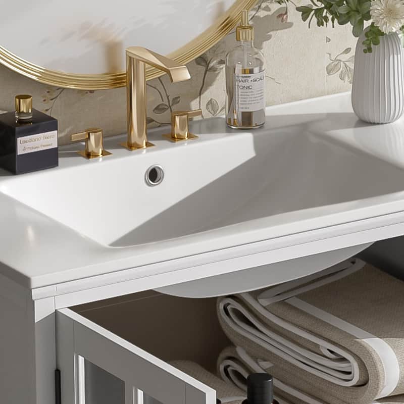 30"Bathroom Vanity with Ceramic Sink, Tempered Blurred Glass and Matte Black Handles, Large Storage Space and Rubber Wood Frame