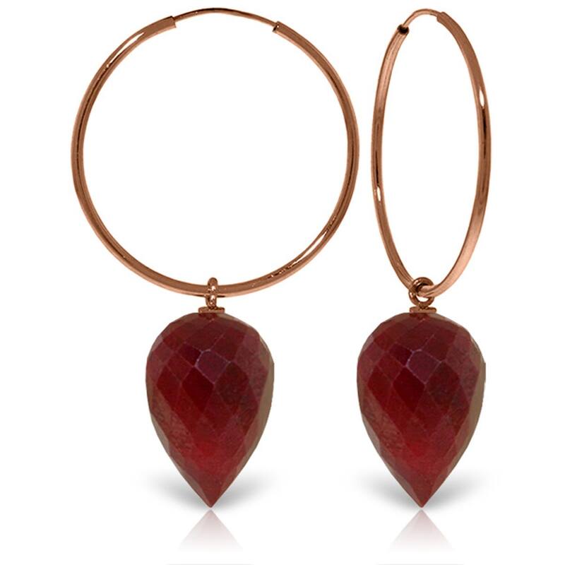 14K Solid Gold Hoop Earrings w/ Pointy Briolette Drop Dyed Rubies
