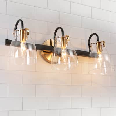 Coria Modern Black Gold 3-light Globe Glass Dimmable Bathroom Vanity Lights Wall Sconces - L 21.7" x W 6.9" x H 7.9"