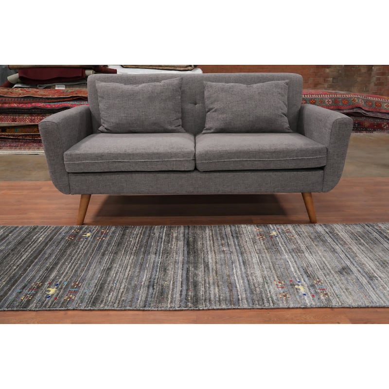 Hand Knotted Oriental Viscose Silk Carpet Tribal Animal Pictorial Greys & Charcoal Gabbeh Runner Rug - 8' 9'' X 2' 7''