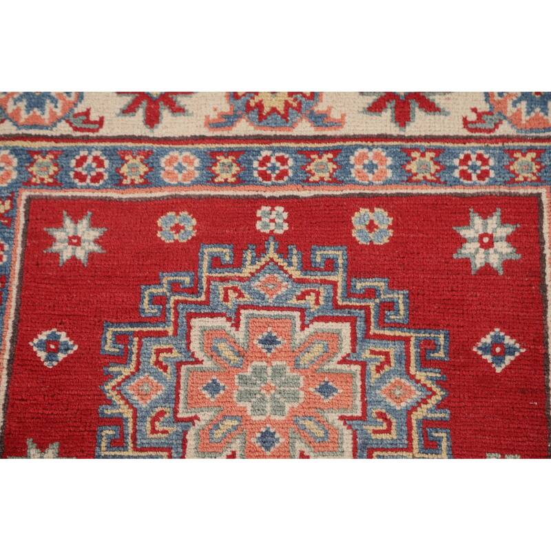 Geometric Red Kazak Runner Rug Hallway Hand-Knotted Wool Carpet - 2'7" x 8'0"