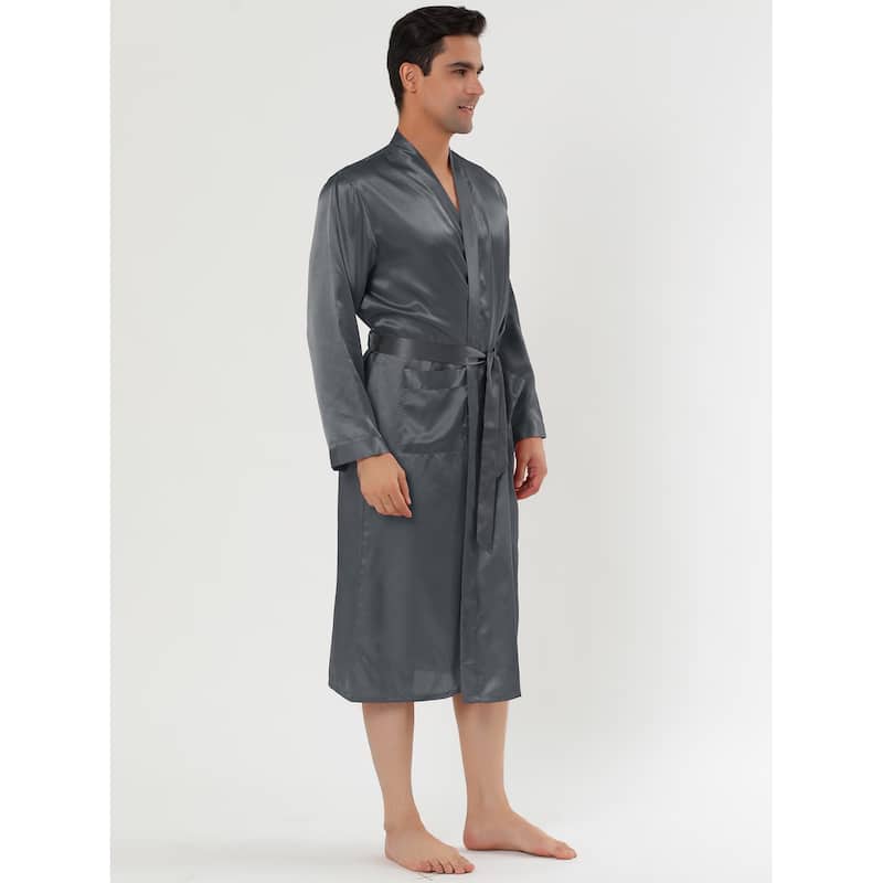 Men's Satin Robe Nightdress Sleepwear Pajama Dress Bathrobe - Gray - XL