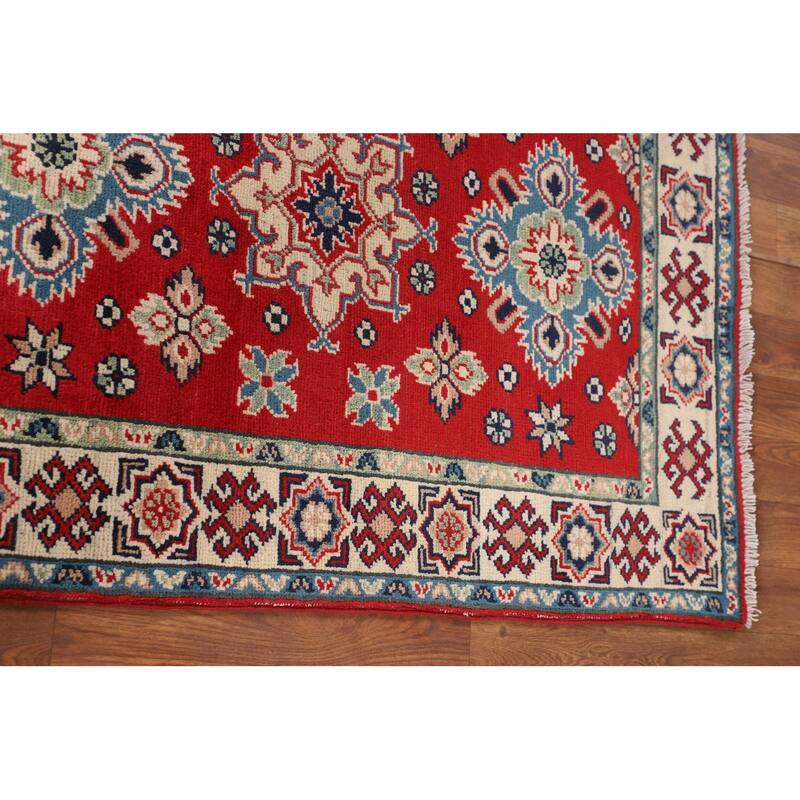 Red Kazak Oriental Accent Rug Handmade Geometric Foyer Wool Carpet - 2'10" x 3'11"