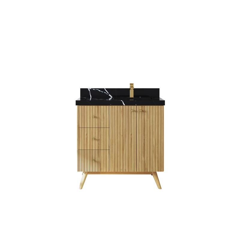 Willow Collections 36 in. W x 22 in. D Pasadena Solid Te Right Offset Sink Bathroom Vanity with Countertop - 2"Calacatta Black - Light Natural
