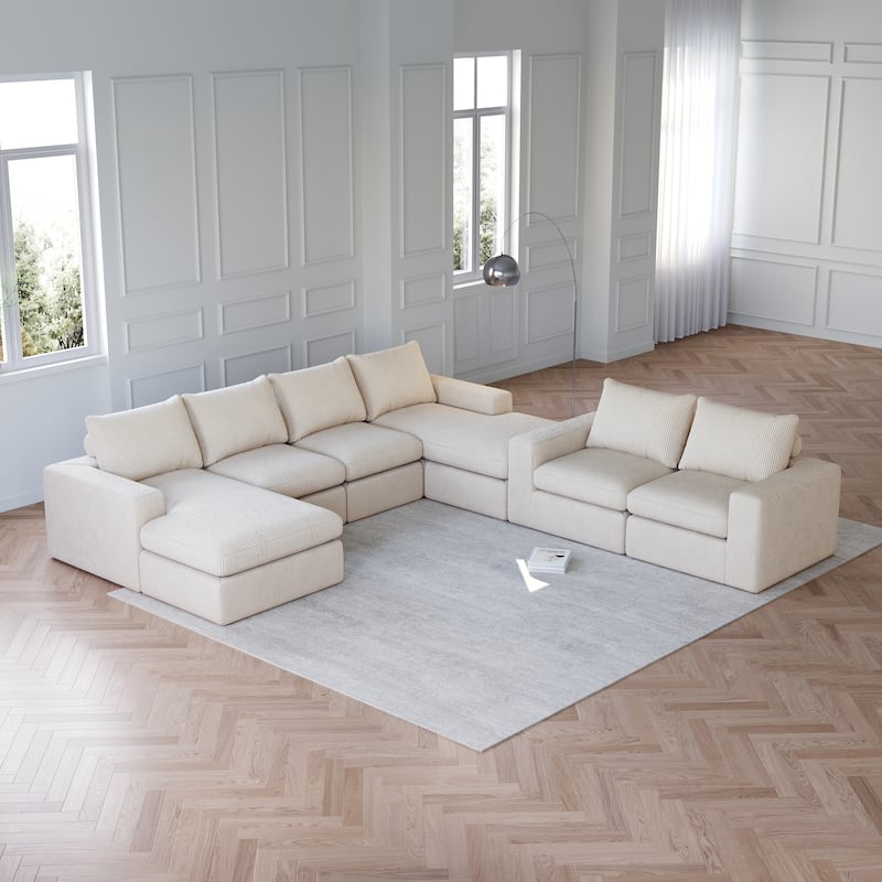 Roomfitters Modern 3-Seater Corduroy Cloud Sectional Sofa with Chaise, L-Shaped Boneless Couch with Pillows