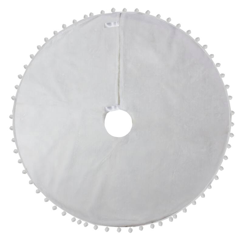 36" White Christmas Tree Skirt With a Pom Pom Border and Tie Backs - 36