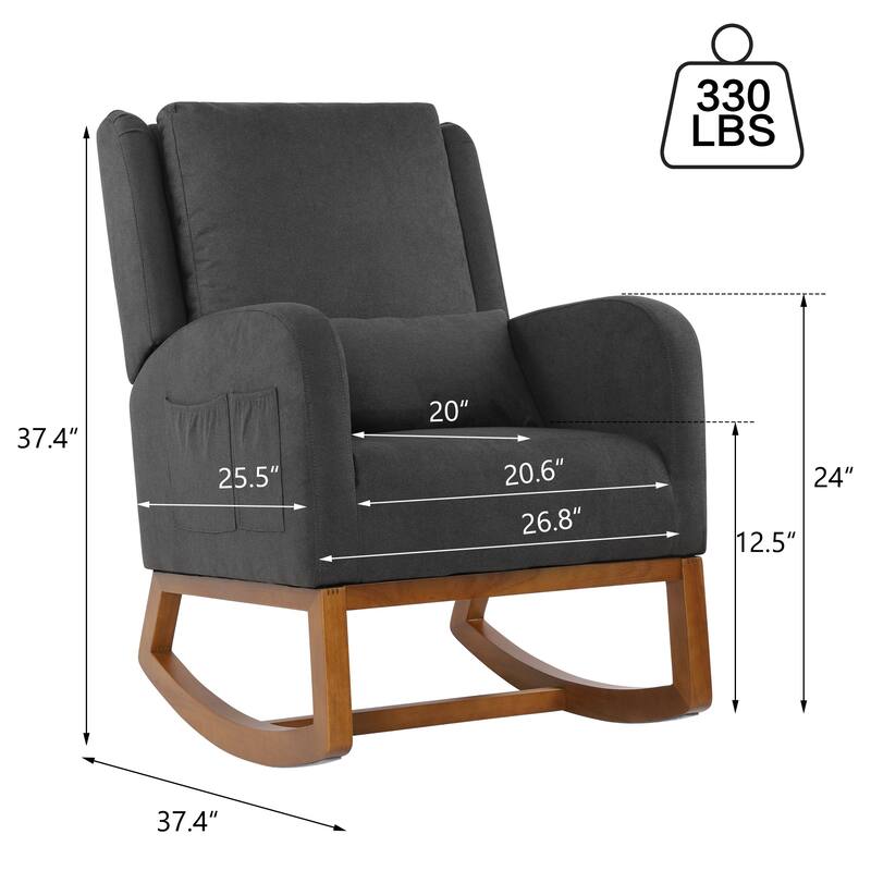 Nursery Rocking Chair High Back Armchair with Side Pocket Rubber Wood Legs and Pillow Flannel Chair for Living Room/Bedroom