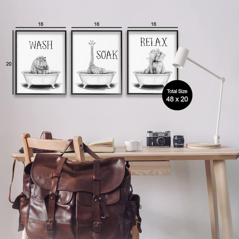 Stupell Wash Soak And Relax Jungle Animal Bath Tub, 3pc Multi Piece Framed Wall Art Set, 3pc Set