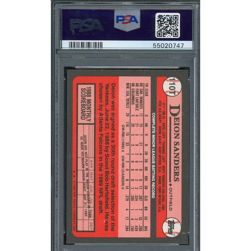 Deion Sanders 1989 Topps Traded Baseball Rookie Card #110T Graded PSA 8 - 8'6" x 11'6"